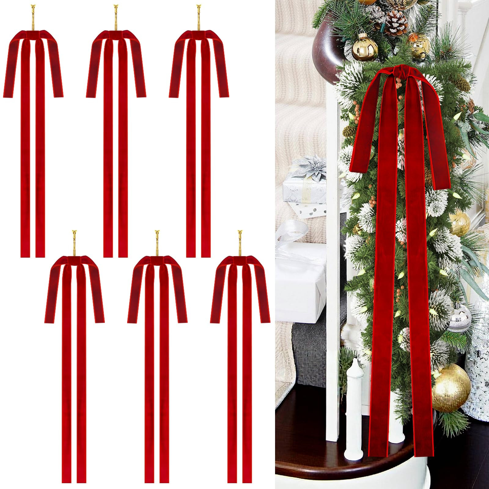 6 Pack Velvet Christmas Bows, 24" x 15.5" Long Red Velvet Bows for Christmas Tree, Vintage Velvet... | Amazon (US)