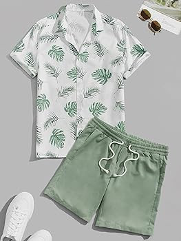 Verdusa Men's 2 Piece Outfit Colorblock Button Up Shirt and Drawstring Waist Shorts Sets | Amazon (US)