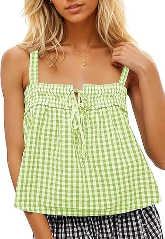 Cotton Gingham Camisole Tops for Women Girls Tie Front Cute Plaid Print Tank Tops Casual Summer G... | Amazon (US)