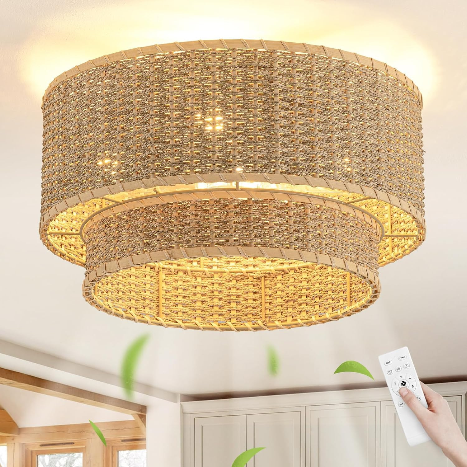Boho Rattan Ceiling Fan with Light, Flush Mount Woven Fandelier with Remote 2 Tier Layered Caged Ceiling Fan Light Fixture 6-Speed Reversible Low Profile Fan for Bedroom Kitchen Dining Room | Amazon (US)