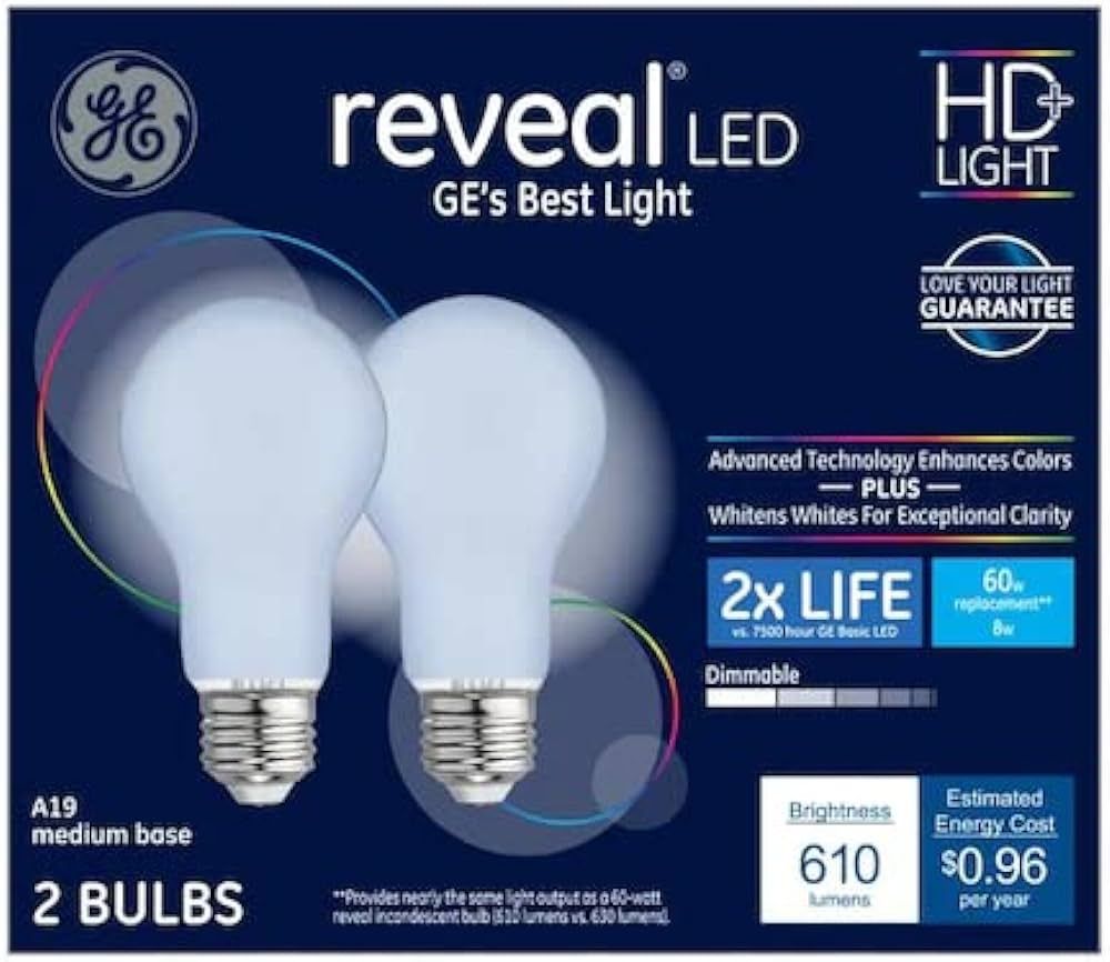 GE Lighting GE Reveal LED Light Bulbs, 2X Life, 8 Watt (60 Equivalent) HD+ Light, Standard Bulb S... | Amazon (US)