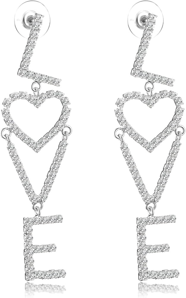 Rhinestone Dangle Earrings,Sparkly White/Red/Pink Rhinestone Earrings,Heart/Love Earrings for Wom... | Amazon (US)