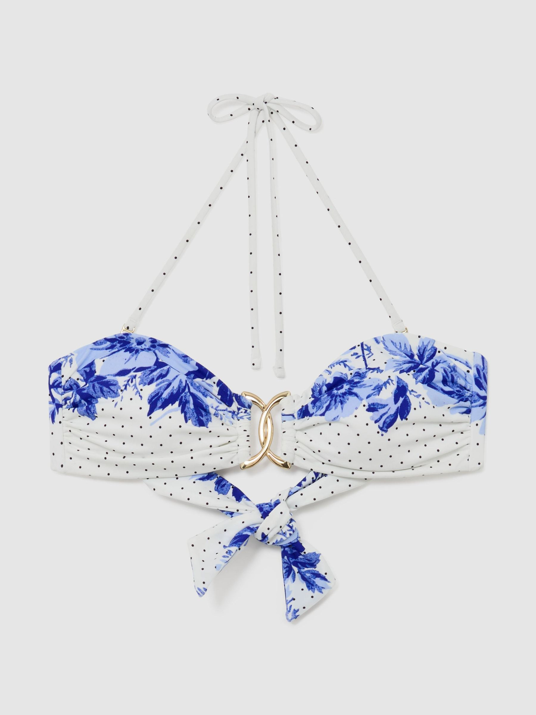Reiss Floral-Print Halter Bandeau Bikini Top in Blue/Ivory - REISS | Reiss UK