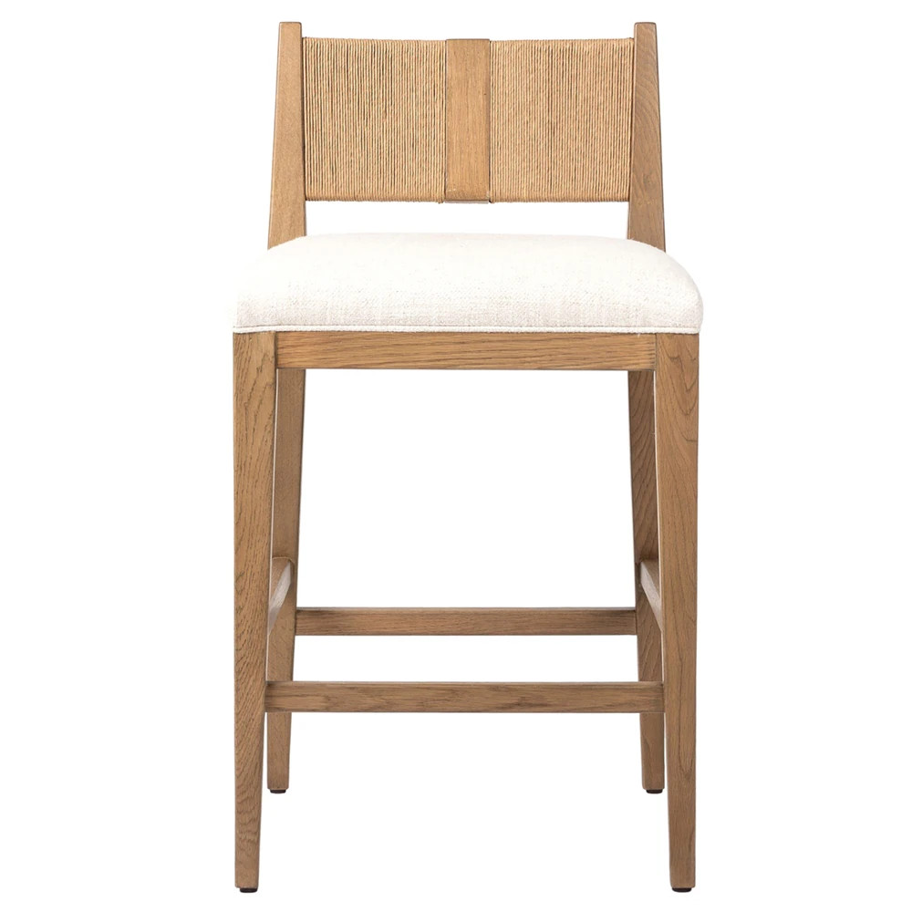 Anika Coastal Beach Off White Performance Brown Oak Counter Stool | Kathy Kuo Home