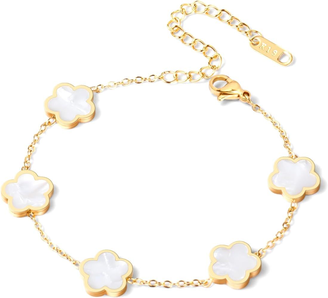 Dainty Gold Chain Bracelet for Women 18K Gold Plated Flower Five Clover Bracelets for Women Chris... | Amazon (US)