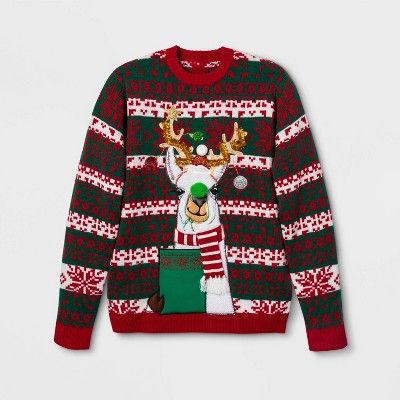 Men's Llama Drink Pocket Ugly Holiday Sweater - Green/Red | Target