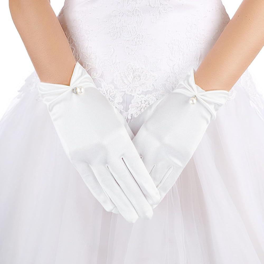 TIESOME Short Satin Gloves for Women, Wrist Length White Satin Pearl Gloves Wedding Bridal Gloves... | Amazon (US)