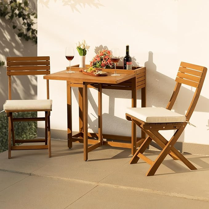 IDZO Natural 3-Piece Bistro Set: Foldable 400lbs Chairs, 220lbs Shelf Table, FSC Acacia Wood, Was... | Amazon (US)