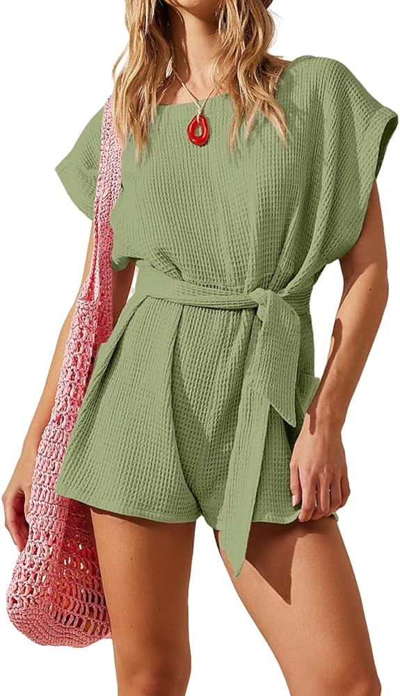 DIRASS Summer Crewneck Waffle Knit Casual Tie Waist Short Sleeve One Piece Rompers Outfits with P... | Amazon (US)