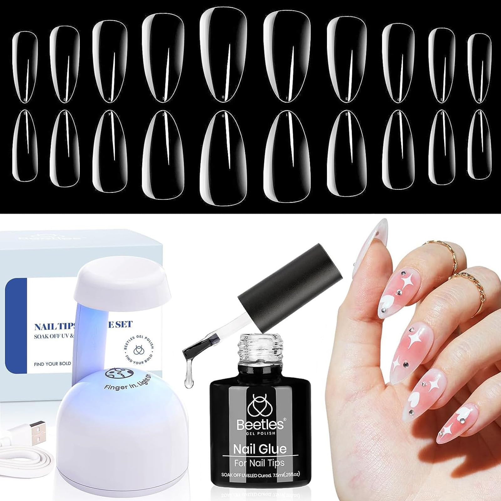 Beetles Gel Nail Kit Easy Nail Extension Set 500Pcs Pre shaped Medium Almond Nail Tips with 5 in ... | Amazon (US)