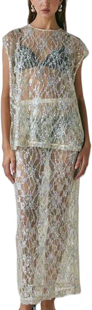Franhais Womens 2 Piece Skirt Set Floral Lace Sequin See Through Outfits Short Sleeve Top Long Sk... | Amazon (US)