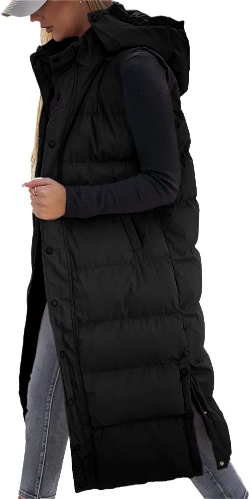 Women's long Quilted Vest hooded Sleeveless Button Down puff vest cotton padded jacket winter coa... | Amazon (US)