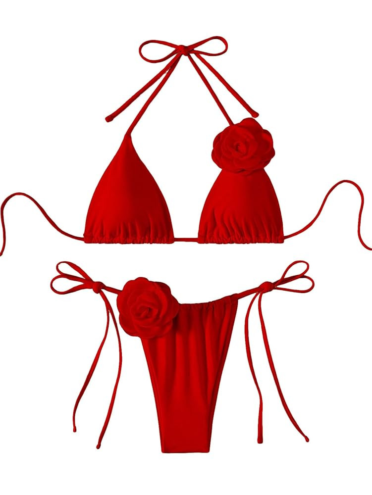 Women's Two Piece Bathing Suit Floral Appliques Halter Triangle Tie Side Thong Bikini Swimsuits | Amazon (US)