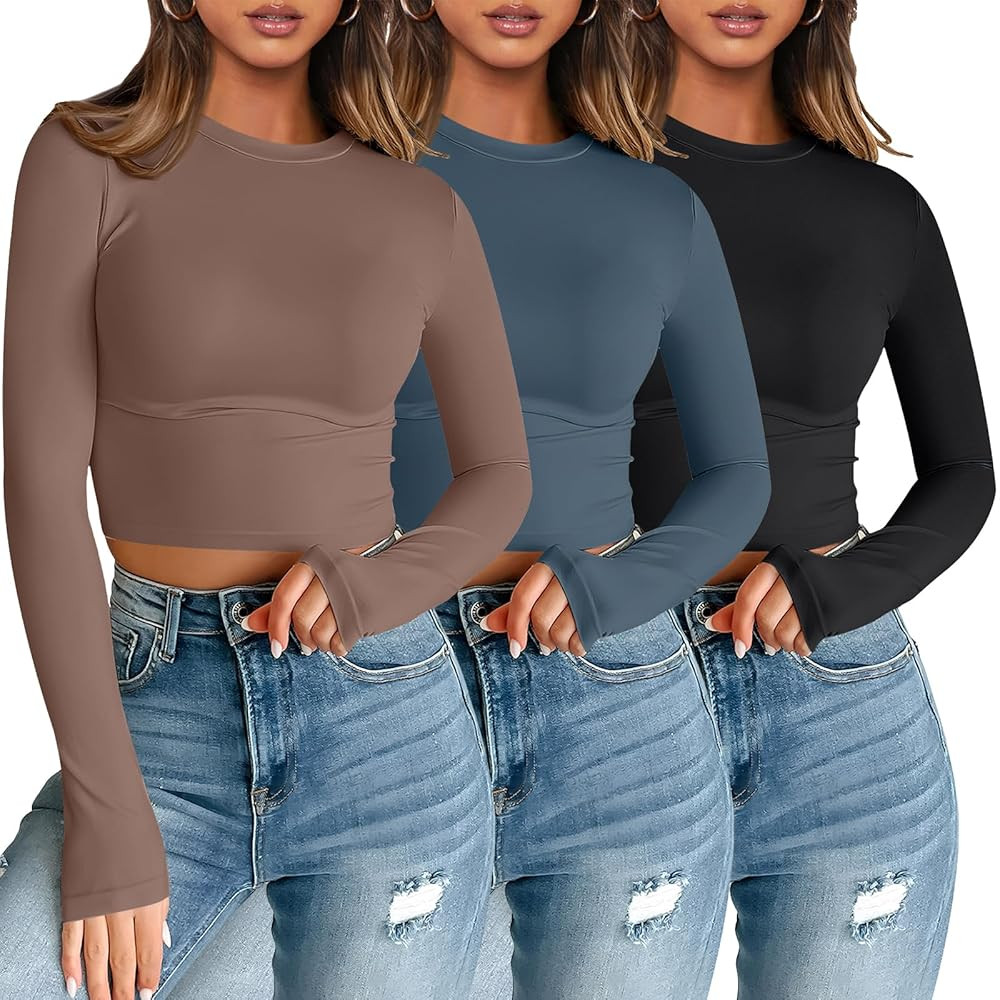 AUTOMET 3 Pack Womens Long Sleeve Shirts Y2K Going Out Crop Tops Cute Basic Slim Fitted Fall Fash... | Amazon (US)