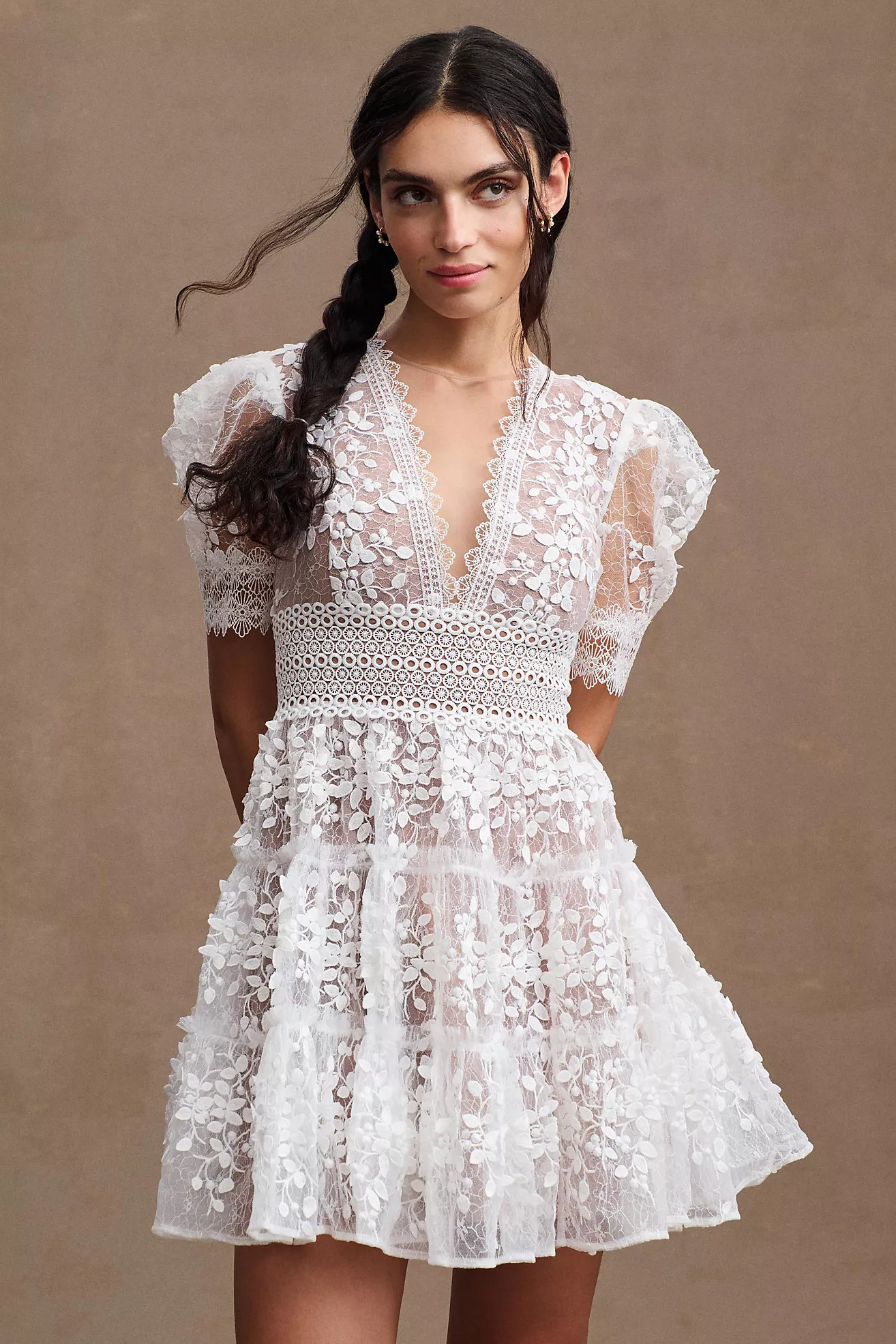 Bronx and Banco Megan Short-Sleeve Lace V-Neck Tiered Mini Dress | Anthropologie (US)
