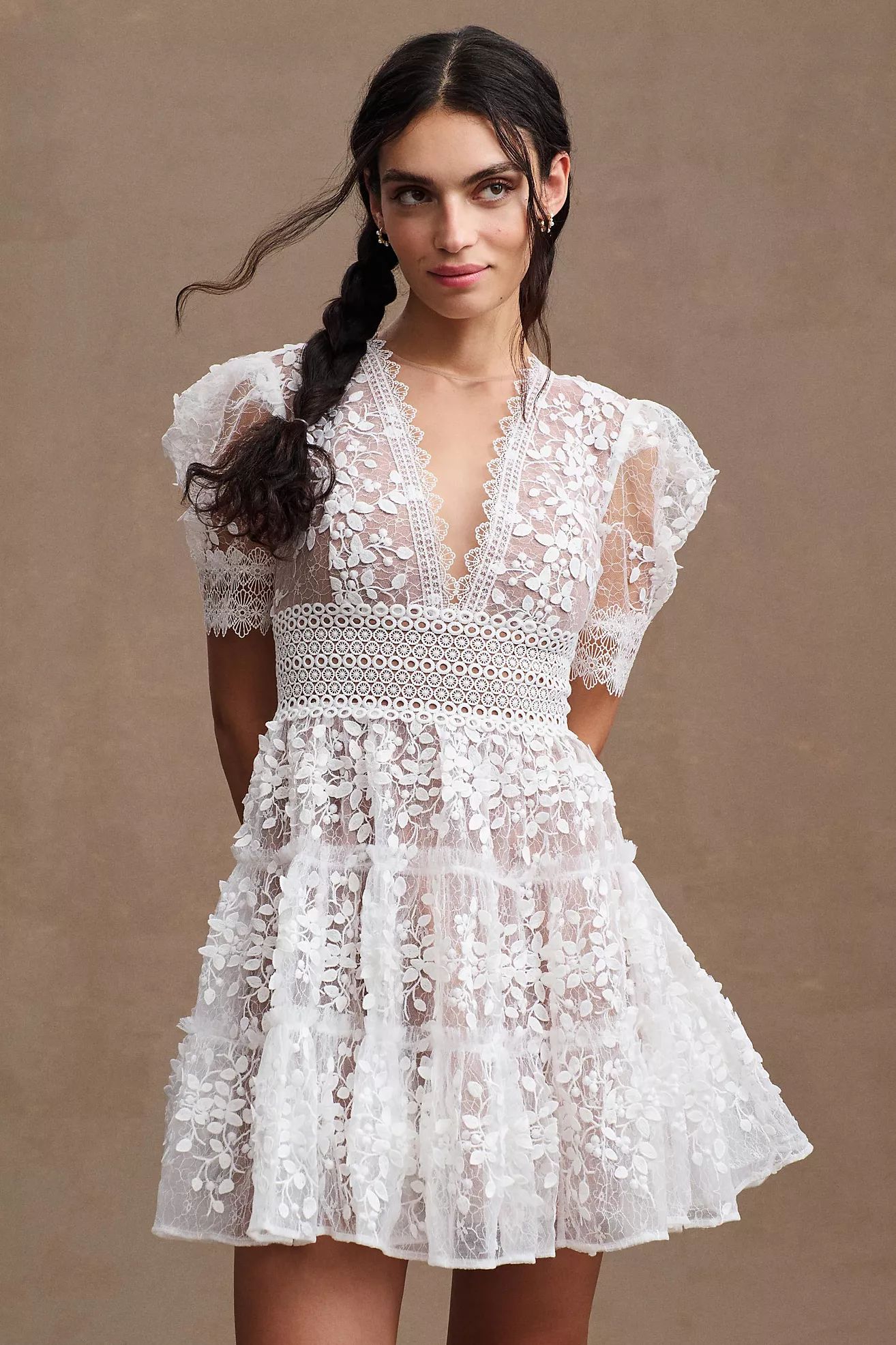 Bronx and Banco Megan Long-Sleeve Lace V-Neck Tiered  Mini Dress | Anthropologie (US)