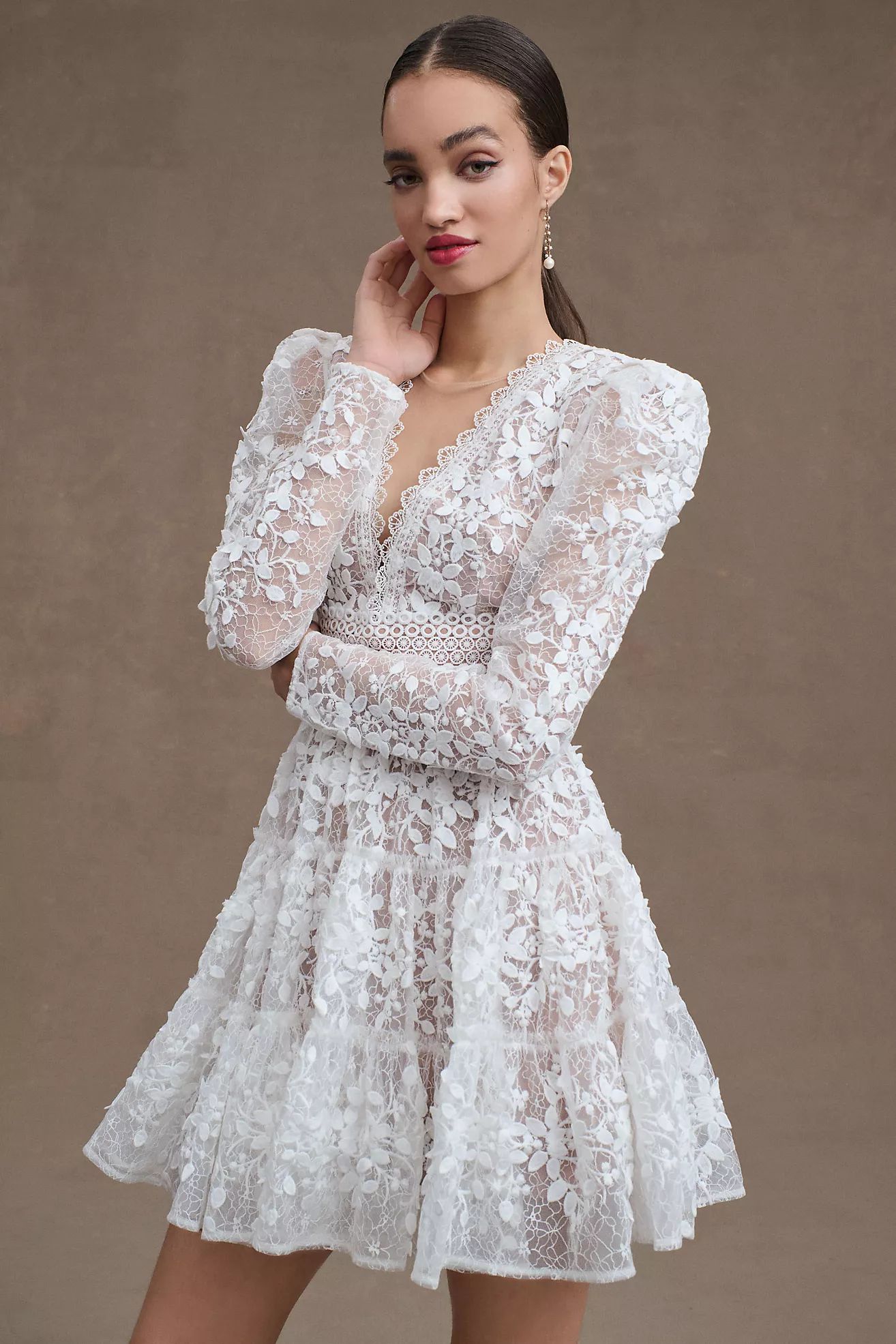 Bronx and Banco Megan Long-Sleeve Lace V-Neck Tiered  Mini Dress | Anthropologie (US)