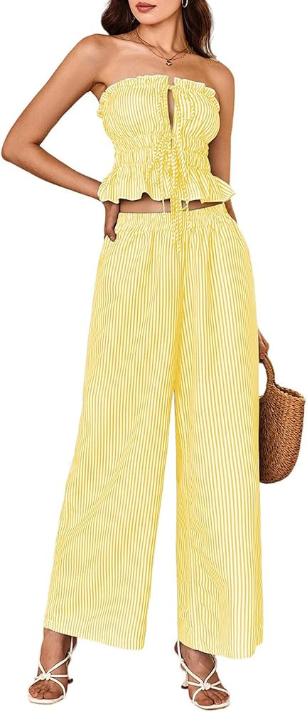 Amazon.com: WDIRARA Women's Striped 2 Piece Pants Set Strapless Tie Bandeau Wide Leg Pants Outfit... | Amazon (US)
