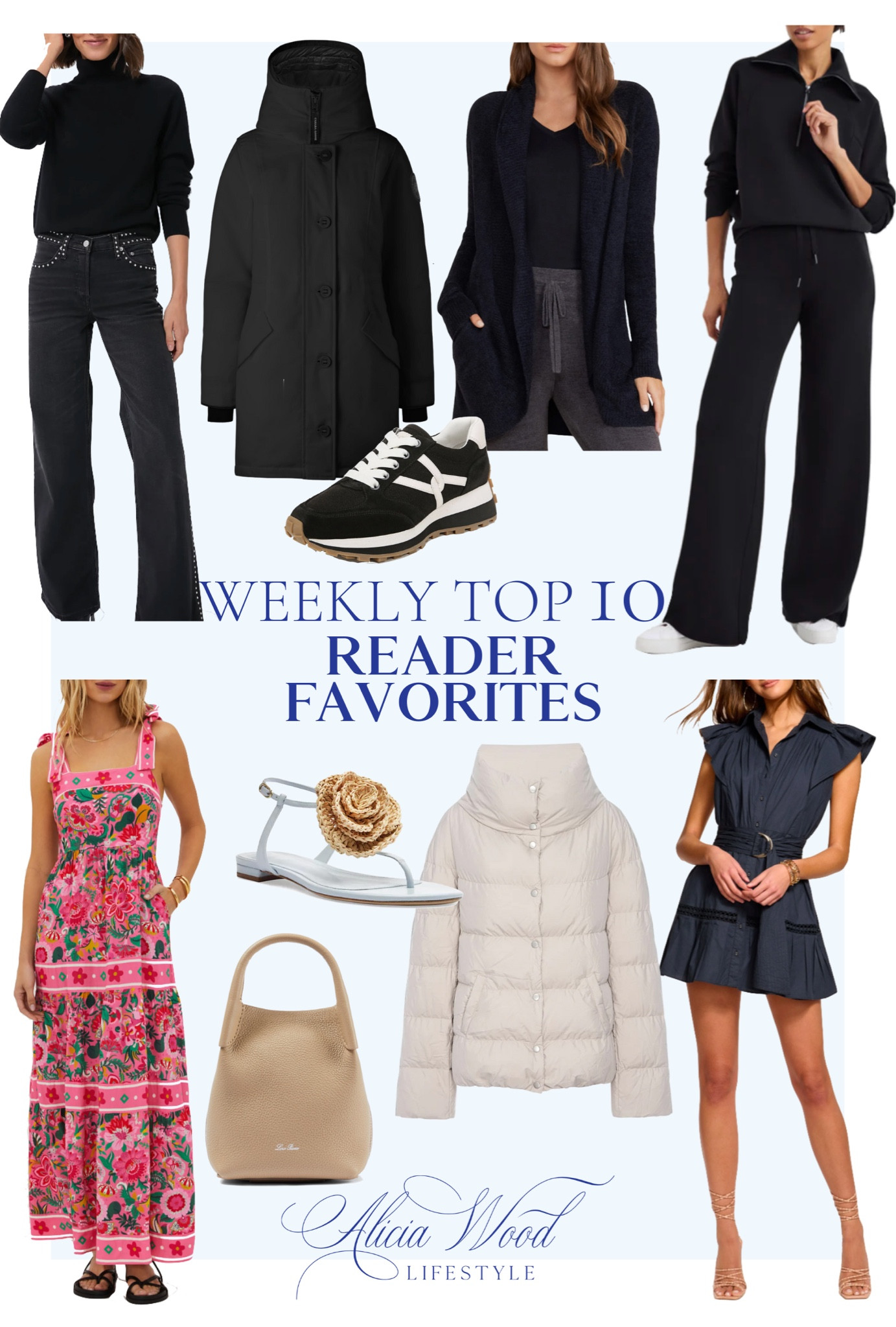 Weekly Top 20 Best Sellers 

Black cashmere turtleneck
Black parka
Black and white sneaker by Veronica Beard 
Navy circle cardigan 
Spanx air essentials wide leg pant s as d quarter zip top
Floral maxi sundress
Neutral mini tote 
Stone colored parka
Neutral sandal with floral detail
Navy poplin cotton mini dress with ruffle cap sleeve, self belt and embroidery 


https://www.aliciawoodlifestyle.com/weekly-top-10-best-sellers/

#LTKStyleTip #LTKSeasonal #LTKOver40
