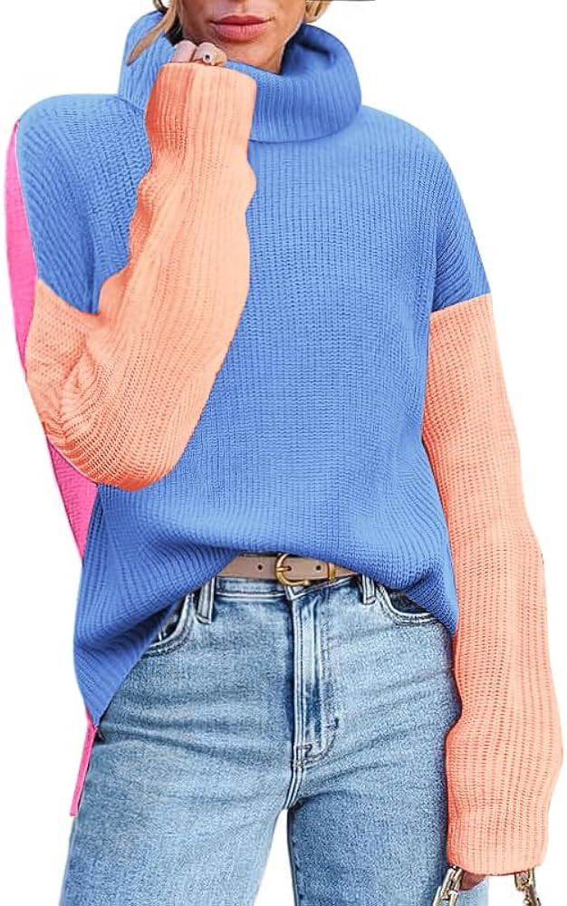 Zeagoo Womens Turtleneck Sweater Fall Fashion 2025 Long Sleeve Chunky Knitted Pullover Color Bloc... | Amazon (US)