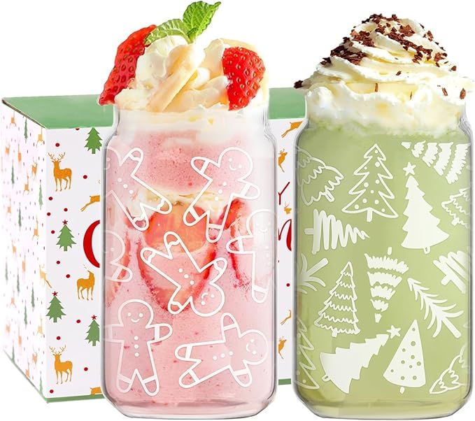 WODOHOLO Christmas Cups Gift 16oz Christmas Coffee Can Glass with Lid and Straw Xmas Tree Drinkin... | Amazon (US)