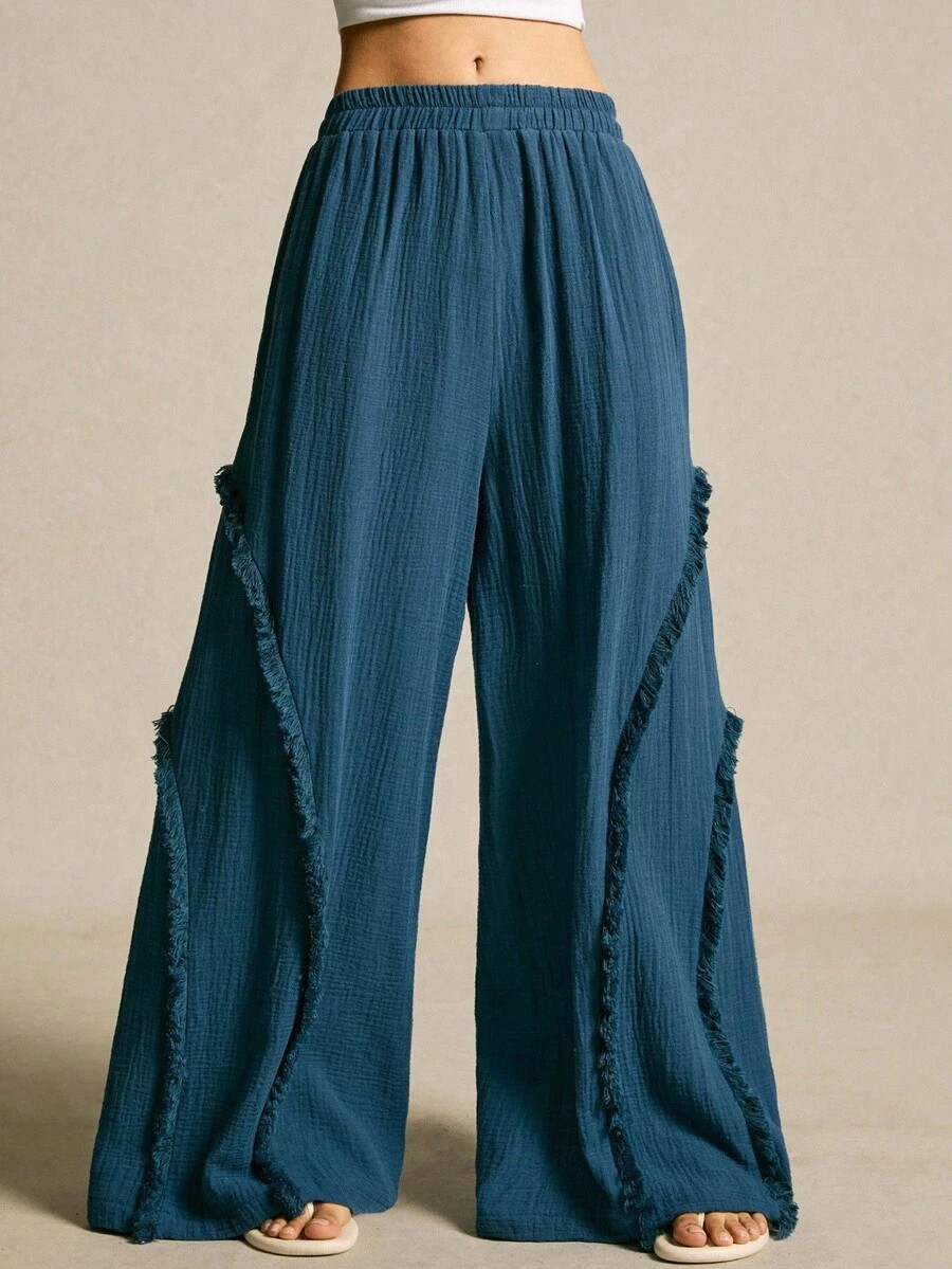 SoleilVie Women's Fringe Patchwork Loose Casual Pants,Women's Casual Elastic Waist Cotton Autumn ... | SHEIN