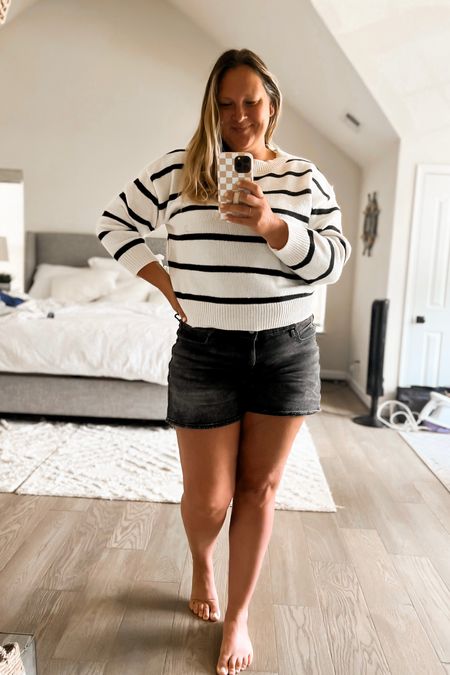 This black and white light weight horizontal sweater makes a cute layering piece for cooler days. Great to wear as a teacher outfit. 

#LTKBacktoSchool #LTKcurves #LTKstyletip