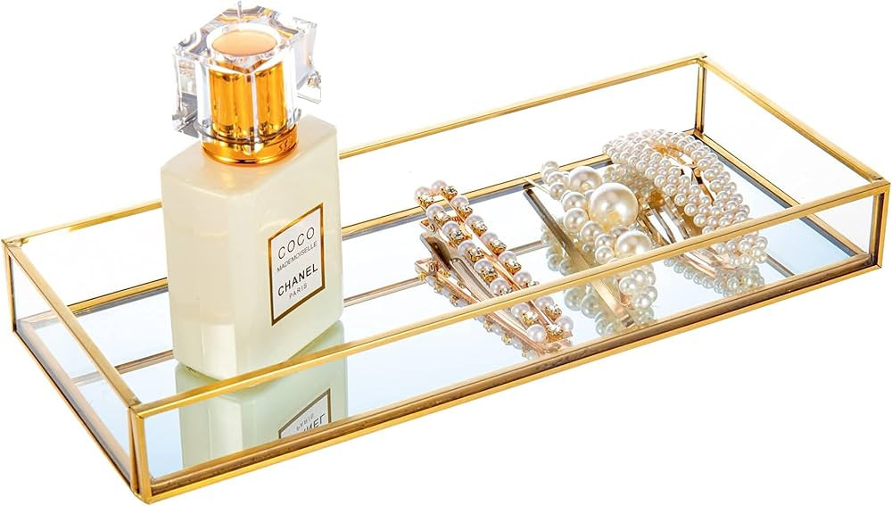 Feyarl Gold Clear Glass Vanity Tray Jewelry Trinket Rings Earrings Organizer Perfume Collection D... | Amazon (US)