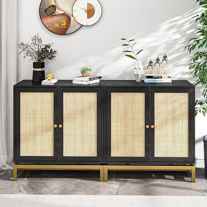 ZLWJGY Credenza Rattan Buffet Cabinet, Sideboard Storage Accent Cabinet with 4 Wicker Doors, Wide... | Amazon (US)