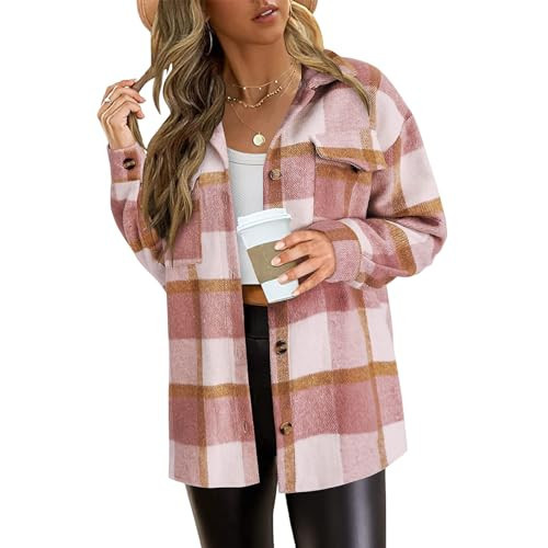 Womens Plaid Shirt Jacket Casual Button Down Long Sleeve Blouse Fashion Shacket Jacket Fall Outfits with Pockets Pink | Amazon (US)
