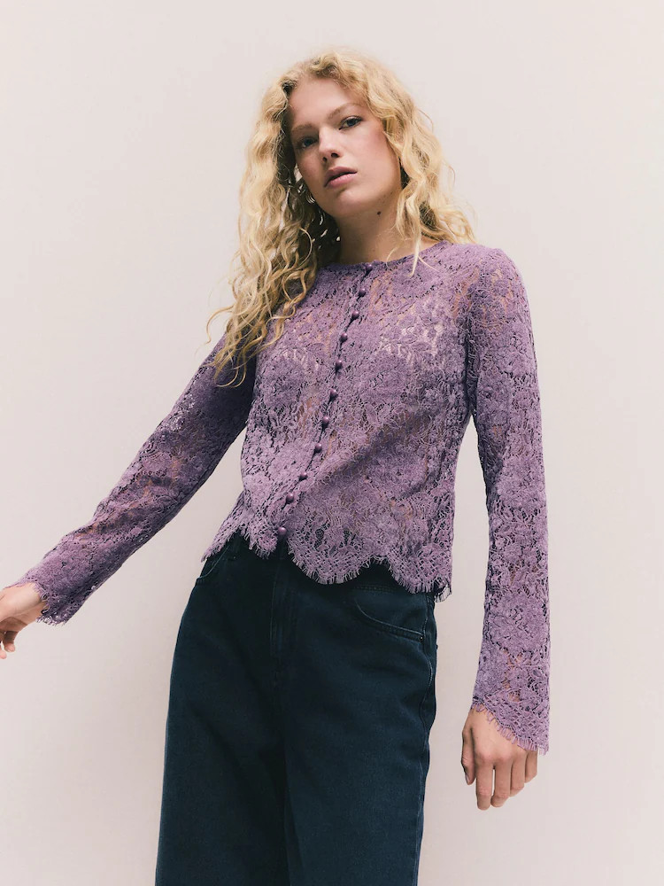 Lilac Purple Flocked Velvet Button Down Long Sleeve Top | Next EU