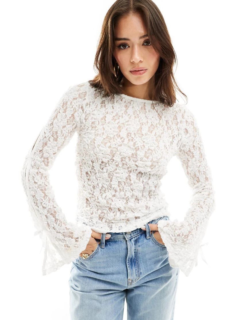 ASOS DESIGN slash neck lace top with bow detail in ivory-White | ASOS (Global)