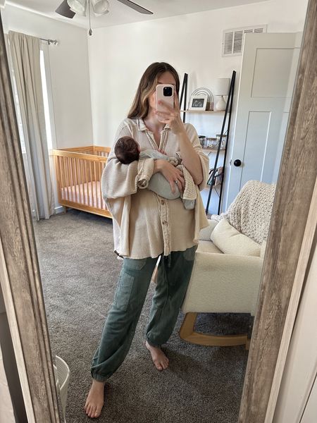 wearing a medium in this shacket, just restocked in this color & a few others! one of my favorite closet staples! Can be worn as a top or jacket

Wearing small in joggers, so comfy & versatile 

Postpartum 
Nursing friendly 

#LTKSeasonal