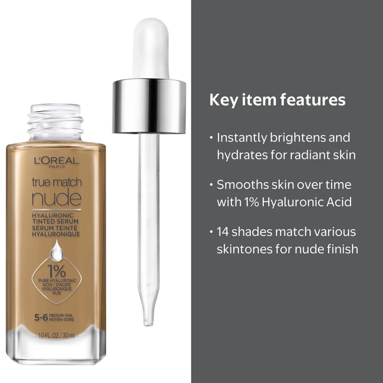 L'Oreal Paris True Match Hyaluronic Tinted Serum Foundation Makeup, Medium Tan 5-6, 1 fl oz | Walmart (US)