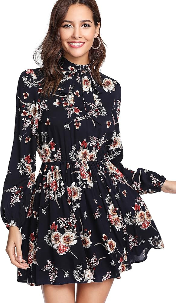 Floerns Women's Tie Neck Flower Print Long Sleeve Short Dress | Amazon (US)