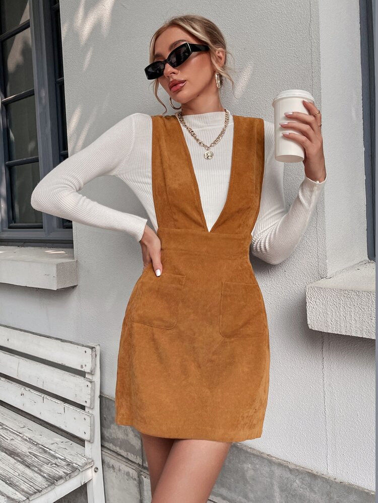 Solid Dual Pocket Front Corduroy Overall Dress | SHEIN