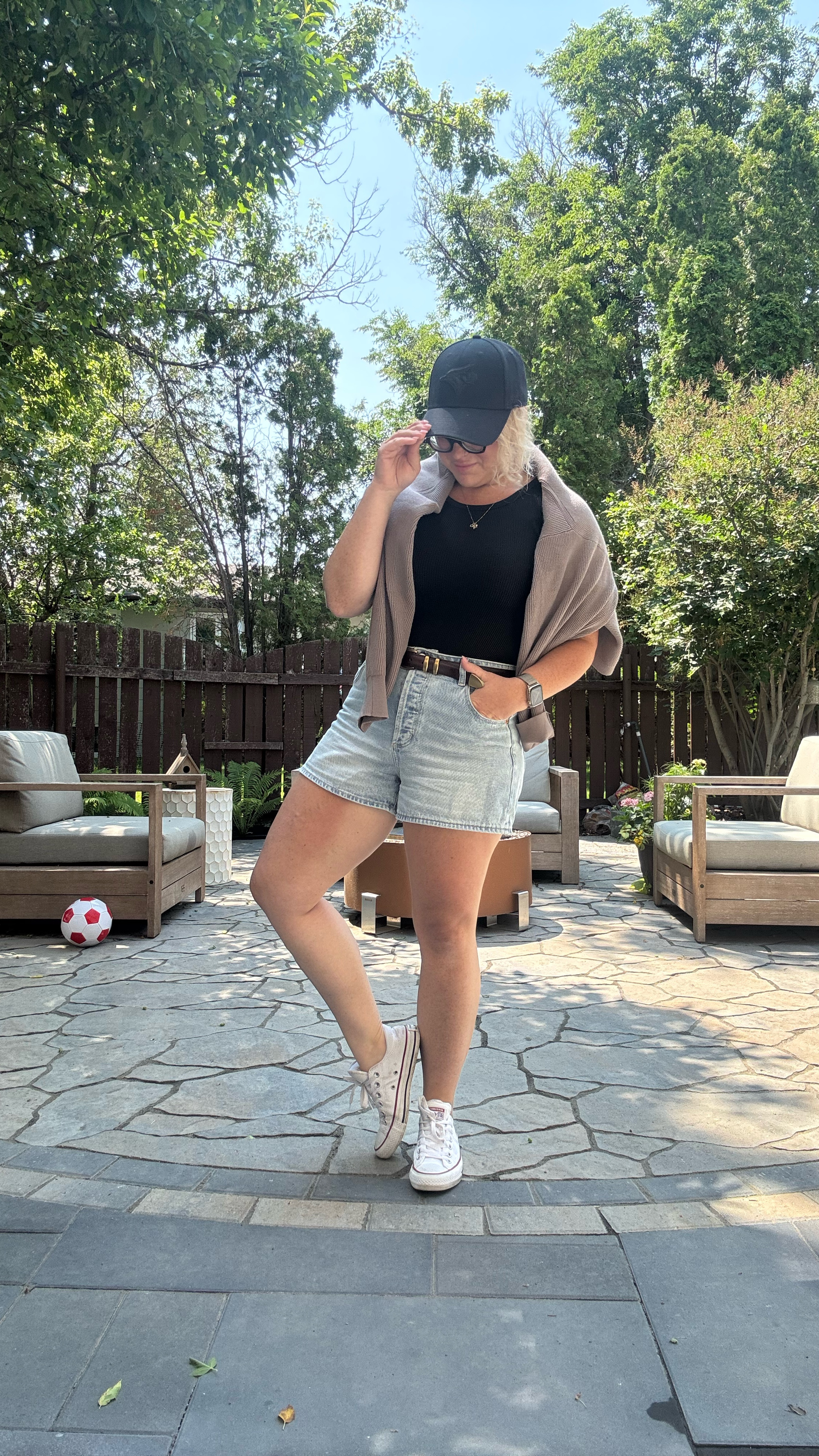 Perfect summer outfit 

Shrug sweater - true size medium 

Tank - sized way up because it’s very compressive, wearing a large. 

Shorts fit true to size. 

Belt, wearing a medium  

#LTKstyletip #LTKmidsize #LTKsummer