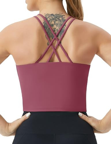 THE GYM PEOPLE Women's Cross Back Sports Bra Halter Neck Workout Crop Tank Tops with Removable Pads Rose Red | Amazon (US)