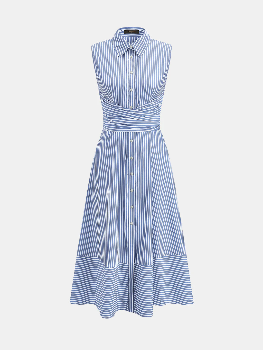 Striped Collared Sleeveless Tie Waist Midi Dress | Commense
