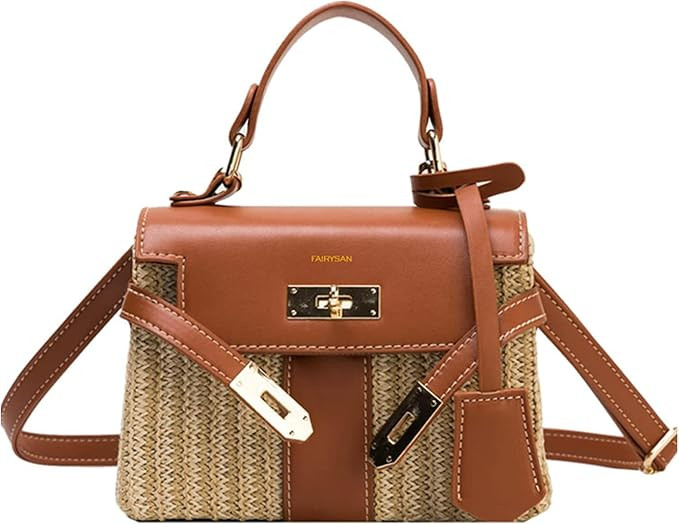 Women's Straw Beach Bag Crossbody Bag, Summer Leather Stitching Straw Handbag Shoulder Bag | Amazon (US)