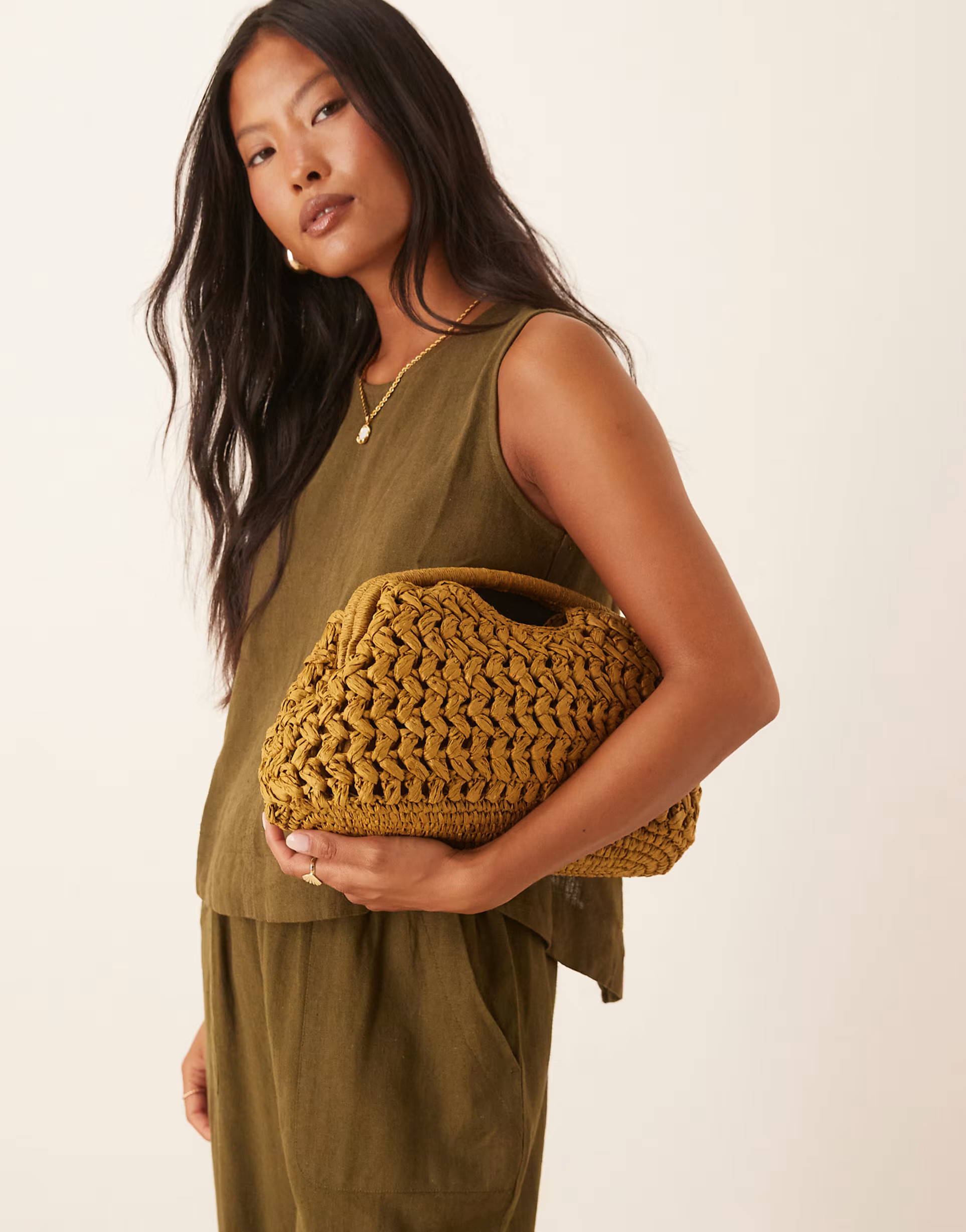 Mango large raffia clutch bag in tan | ASOS (Global)