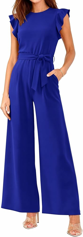 BTFBM Jumpsuits For Women 2026 Crew Neck Dressy Cap Sleeve Belted High Waist Wide Leg Romper One ... | Amazon (US)