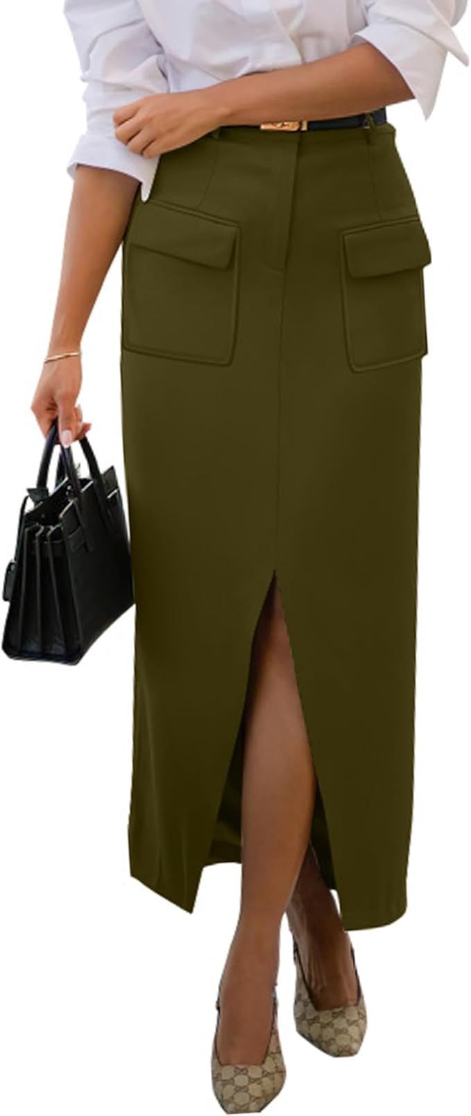 KIRUNDO Women's High Waisted Cargo Midi Skirt Trendy Summer Pencil Slit Dressy Casual Business Wo... | Amazon (US)