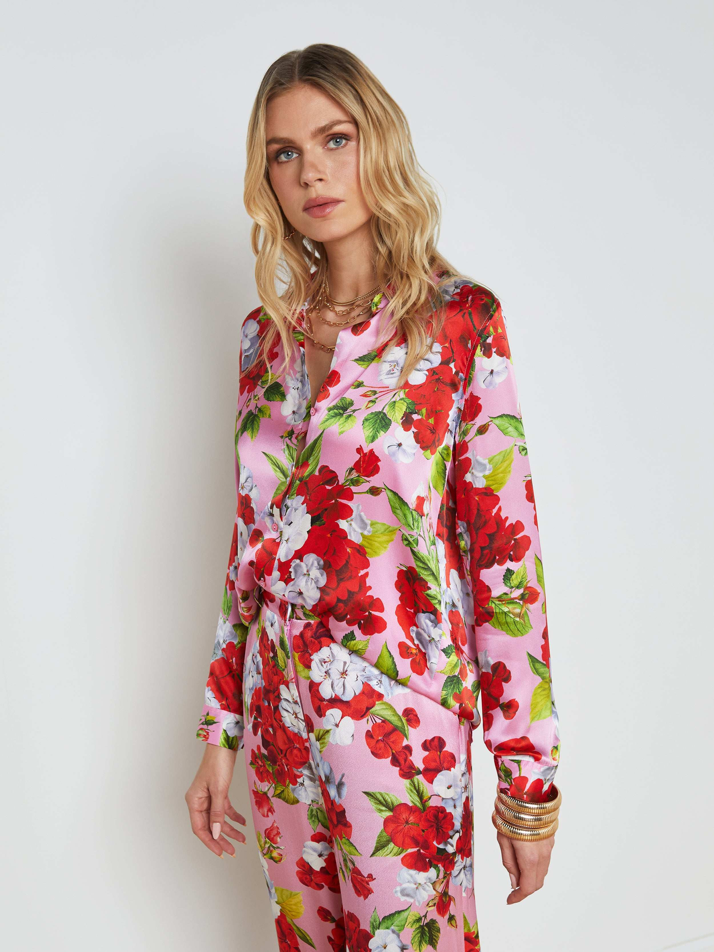 L'AGENCE - Tyler Long Sleeve Silk Blouse in Cotton Candy Multi Hydrangea | L'Agence