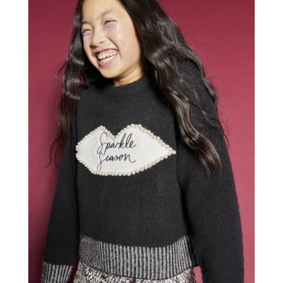 Girls Black Sparkle Season Jumper | River Island UK & IE