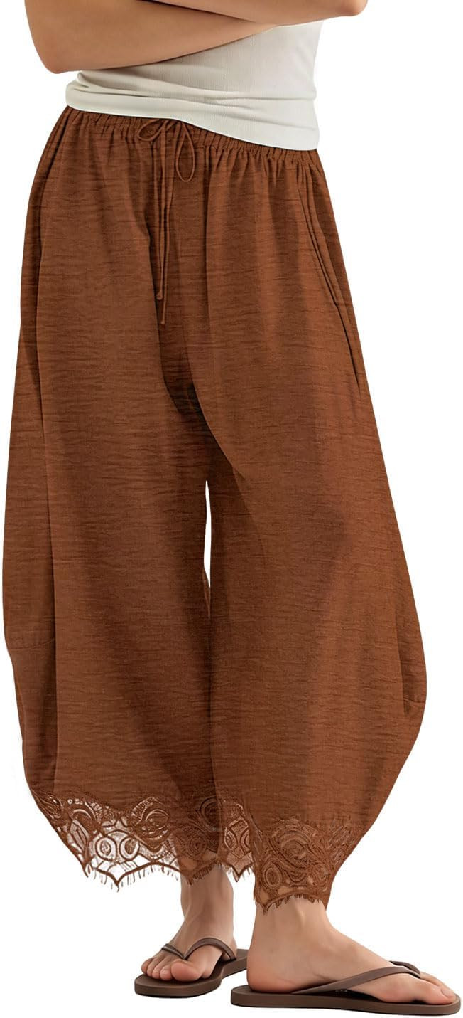 YESNO Women's Summer Wide Leg Lace Trim Cropped Barrel Pants PBP | Amazon (US)