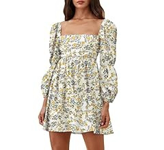 EXLURA Womens Square Neck Dress Long Puff Sleeve A-Line Casual Short Mini Dress | Amazon (US)