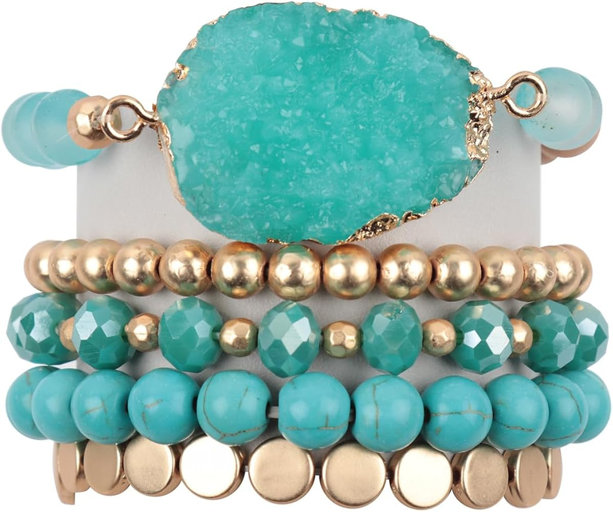 RIAH FASHION Bohemian Acrylic Druzy Multi-Layer Bead Statement Bracelet - Versatile Faux Stone Pe... | Amazon (US)