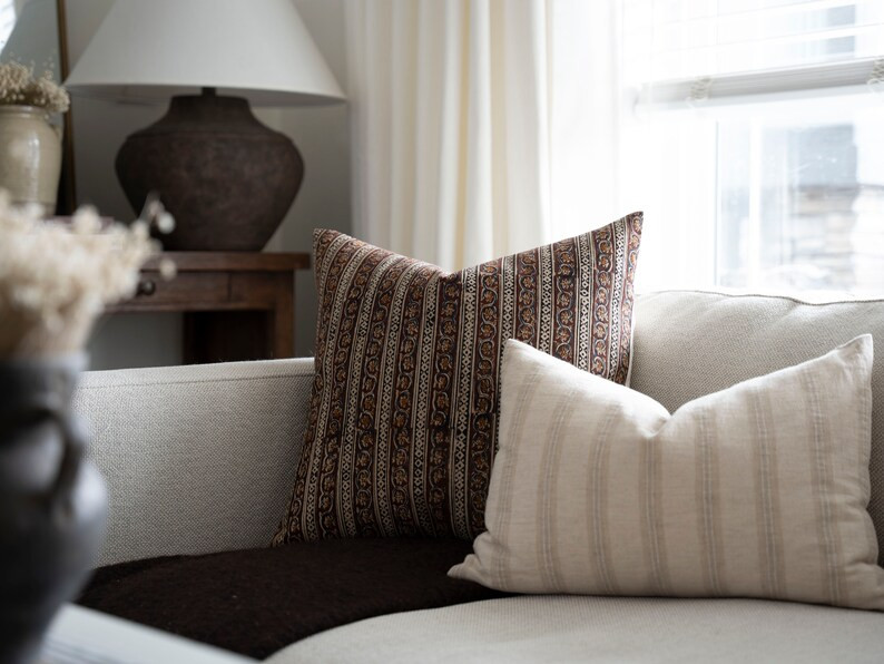 ANAN Brown Floral Pillow Cover Brown Block Print Pillow Moody Floral Cottage Floral Dark Brown St... | Etsy (US)