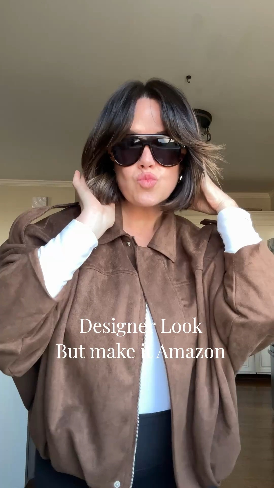 Designer look but Amazon price tag ! These sunnies are air this year and love this faux suede jacket ! #designerlooksforless #amazonsunglasses #trending  

#LTKootd #LTKOver40